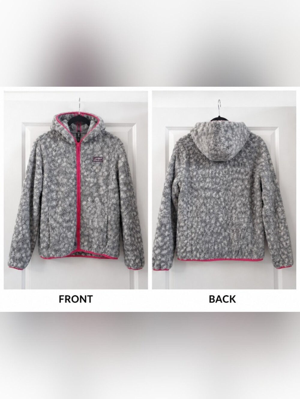 Girls Eddie Bauer Grey Plush Fleece Jacket with Pink Trim & Hood Size 14-16